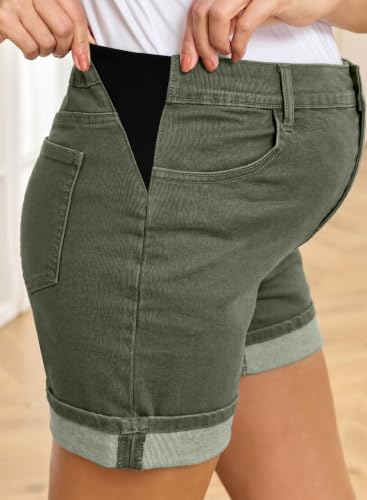 BLENCOT Women's Summer Maternity Jean Shorts Fold Hem Stretchy Denim Pants - color: Dark Green, size: Small