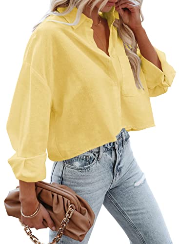 LAYOGAS Womens Crop Button Down Shirts Casual Long Sleeve Lapel Blouse - color: 05-yellow, size: Large