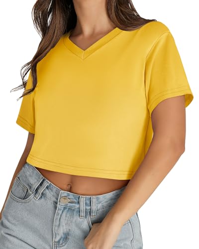 Womens Crop Tops Short Sleeve V Neck Summer Cropped T Shirts Baisc Tees - color: Solid Yellow, size: Medium