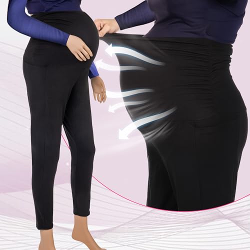 Maternity Leggings with Pockets, Over the Belly Pregnancy Yoga Pants - color: Burgundy, size: Medium