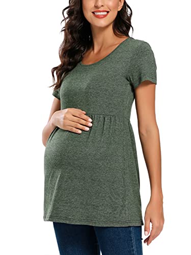 Jezero Women's Maternity Tops Short & Long Sleeve Side Ruching Round Neck Shirts - color: 05aa-hunterbe, size: Medium