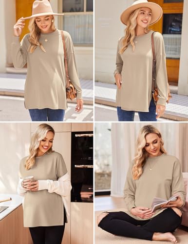 Ekouaer 3 Packs Maternity Shirts Split Side Pregnancy Workout Tops - color: 3pcs- Black + Brown + Khaki, size: Medium