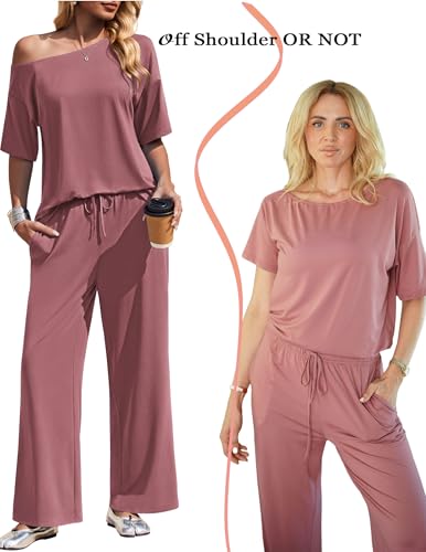 Ekouaer Women's Lounge Set Off Shoulder Short Sleeve Top & Long Pants Set - color: Old Rose, size: Medium