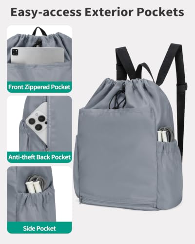 Drawstring Backpack with Shoe & Wet Compartments, Cup & Ball Holders, Gray - color: Gray