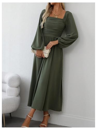 Floerns Women's Square Neck Lantern Long Sleeve Split Ruched Midi Dresses - color: Green, size: Large