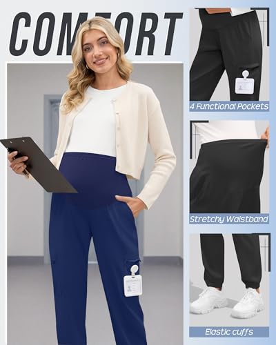 3 Pack Maternity Scrub Cargo Jogger Pants - color: Black, Navy Blue, Blue Green, size: XX-Large