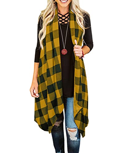 Ivay Womens Plaid Open Front Sweaters Sleeveless Duster Cardigans Drape Lightweight Vest Coat with Pockets - color: Yellow, size: Small
