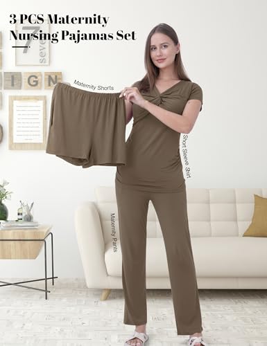 3-Piece Maternity Nursing Pajamas Set for Pregnancy & Postpartum - color: Mocha Brown, size: X-Large