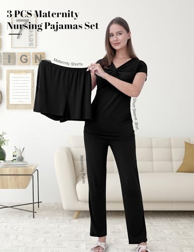 3-Piece Maternity Nursing Pajamas Set for Pregnancy & Postpartum - color: Black, size: XX-Large