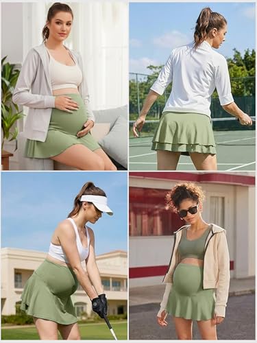 Ecavus Maternity Tennis Skirt, High Waisted Athletic Skirt with Pockets - color: Sage Green, size: Medium