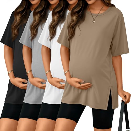 Riyiper 4 Pack Women's Short Sleeve Maternity T Shirts - color: Black, Light Heather Gray, White, Khaki, size: Large