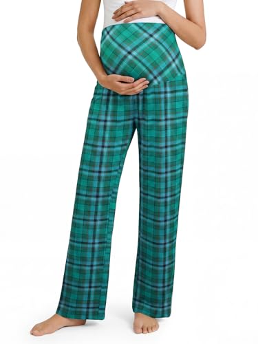 Summer Mae Viscose Maternity Pants Pregnancy Pajama Lounge Pant with Pocket - color: Green Plaid, size: Medium