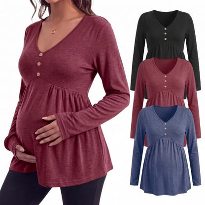 Cutecrop 3 Pack Maternity Long Sleeve V Neck Shirt - color: Black, Wine Red, Navy Blue, size: Medium