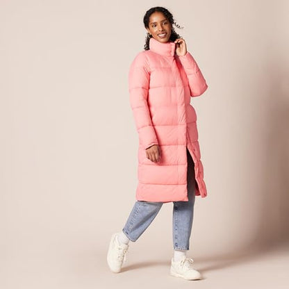 Amazon Essentials Women's Lightweight Full-Zip Water-Resistant Long Cocoon Puffer Winter Coat, Stand Collar, Insulated - color: Pink, size: Medium