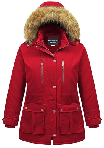 CREATMO US Women's Plus Size Winter Coat Waterproof Long Puffer Jacket Warm Military Thicken Parka with Fur Hood - color: Red, size: 2X