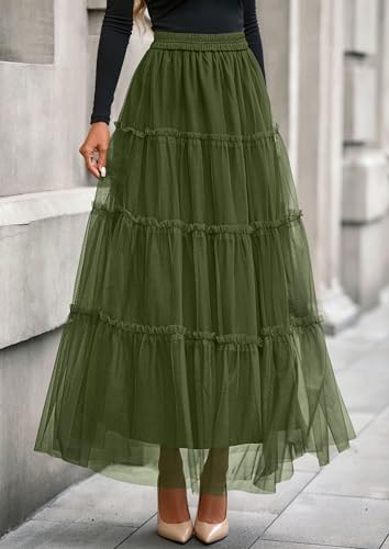 PRETTYGARDEN Women's Fall Soft Tulle Tiered Long Skirt - color: Army Green, size: Small