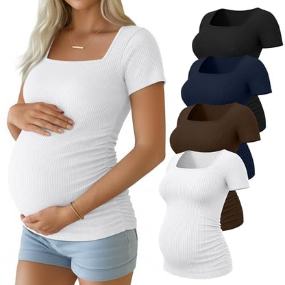 Huukeay 4 Pack Women's Short Sleeve Maternity Shirts - color: Black, Navy Blue, Brown, White, size: Medium