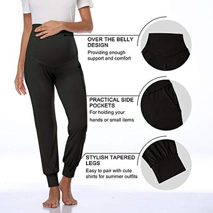 AMPOSH Women's Maternity Pants Stretchy Lounge Workout Sweatpants Casual Loose Comfy Pregnancy Joggers with Pockets - color: Black, size: X-Large
