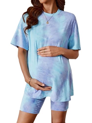 MakeMeChic Women's Maternity 2 Piece Outfit Tee Shirt and Biker Shorts - color: Purple, size: Large