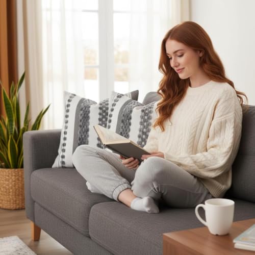 Boho Throw Pillow Covers Neutral Farmhouse Pillow Case Gray - color: Gray Stripe, size: 18" x 18" (Pack of 2)