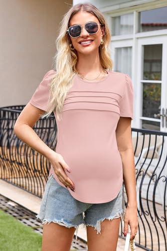 OUGES Womens 2026 Maternity Tops Shirts Pleated Short Sleeve Crew Neck Tunic Summer Casual Pregnancy Clothes - color: Pink, size: Small