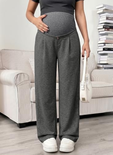 BLENCOT Maternity Pants Over Belly Stretchy Wide Leg Work Trousers - color: Gray, size: Medium