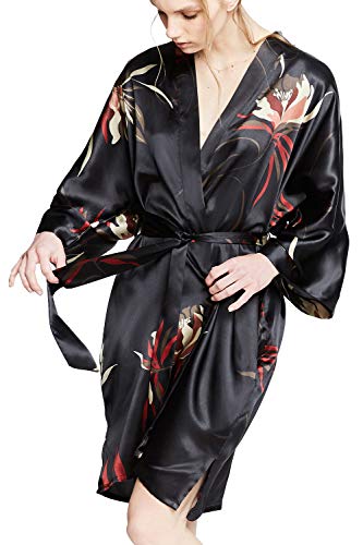 KIM+ONO Satin Short Kimono Robe for Women - color: Hana - Black