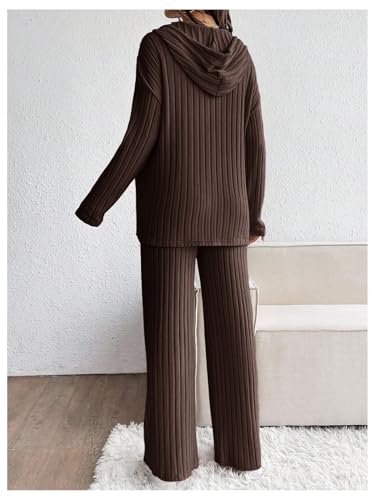 MakeMeChic Women's Maternity 2 Piece Sets Ribbed Knit Hoodie Pants Outfits - color: Brown, size: XX-Large