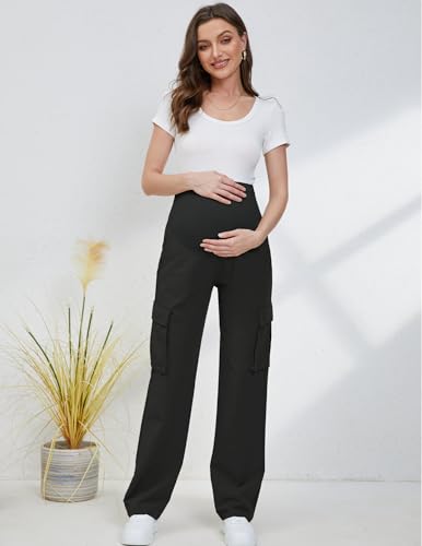 GLAMIX Women's Maternity Cargo Pants with Four Pockets Over The Belly Scrub Pants Pregnancy Clothes - color: Black/Black, size: Small