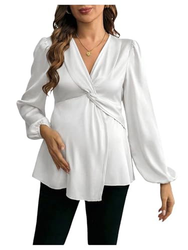 MakeMeChic Women's Maternity Shirts Blouse Satin Work Clothes Babydoll Tops - color: White, size: Small