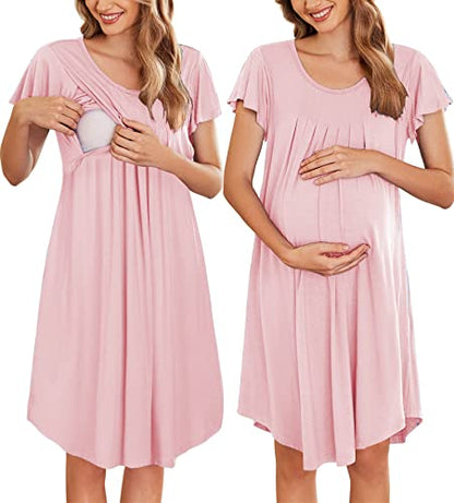 Nursing Nightgown Labor and Delivery Gow Breastfeeding Maternity Dress - color: Pink, size: Small