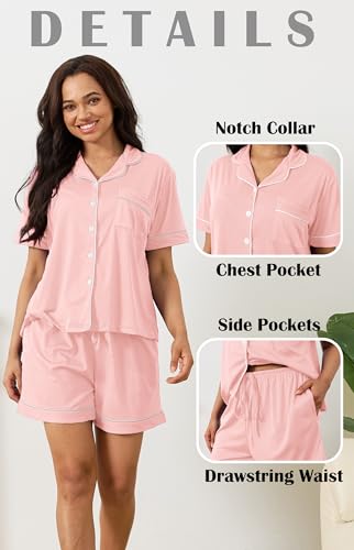 Vopmocld Women Pajama Shorts Sets Cozy 2pcs Button Down Sleepwear Solid PJS - color: Light Pink, size: Large