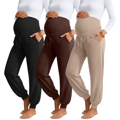 3 Pack Womens Maternity Pants Loose Pregnancy Joggers - color: Khaki, Dark Brown, Black, size: XX-Large