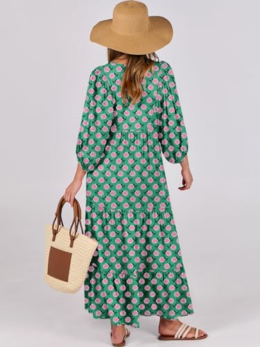 ANRABESS Womens Boho Floral 3/4 Puff Sleeve Maxi Dress - color: Green, size: Medium