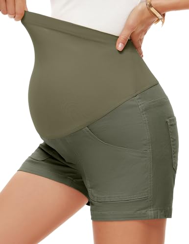 AMPOSH Women's Maternity Casual Cargo Shorts with Pockets Stretchy Summer Wear Pregnancy Clothes - color: Olive, size: Medium