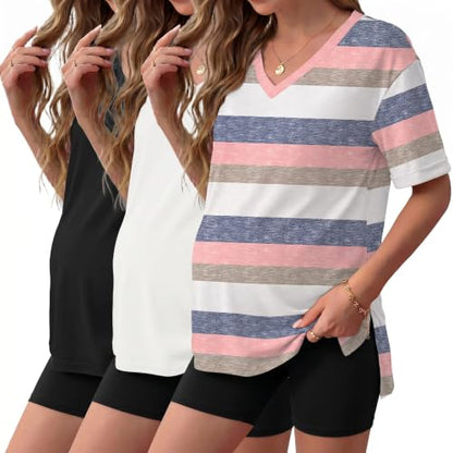 Ekouaer Maternity Shirts 3 Pack Oversized Pregnancy Tops Summer Clothes - color: 3 Pcs Black/ White/ Pink Stripe, size: Medium