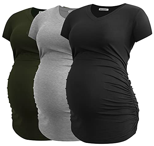 Smallshow Women's V Neck Maternity Clothes Tops Side Ruched Pregnancy T Shirt - color: Army Green-black-grey(3 Pack), size: Medium