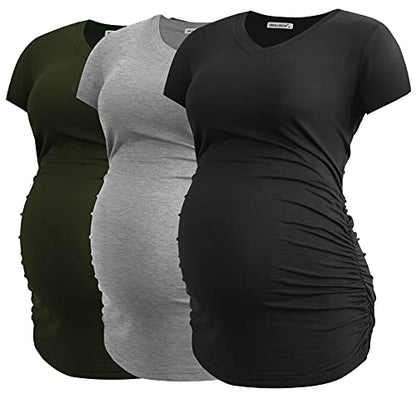 Smallshow Women's V Neck Maternity Clothes Tops Side Ruched Pregnancy T Shirt - color: Army Green-black-grey(3 Pack), size: Medium