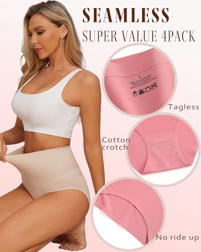 Tummy Control Underwear for Women High Waisted Seamless Panties 4 Pack - color: Navy+beige+green+pink, size: Medium