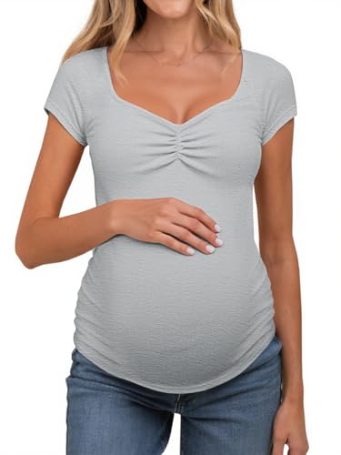 Tankaneo Womens Vneck Maternity Tops Cap Sleeve Fit Ribbed Pregnancy Tshirt - color: Grey, size: Large