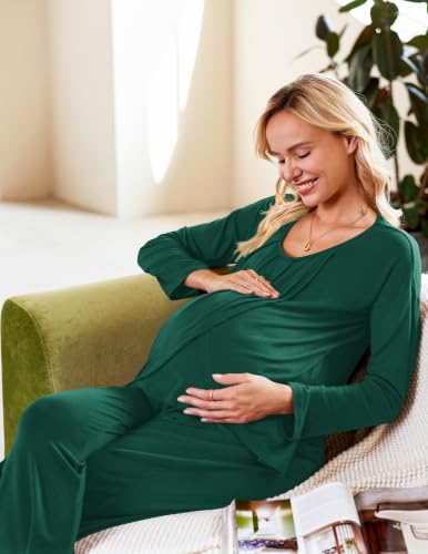 Ekouaer Maternity Nursing Pajama Set Long Sleeve Breastfeeding Sleepwear - color: Dark Green, size: Medium