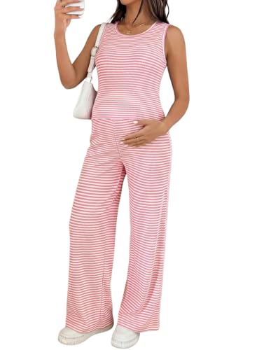 BLENCOT Maternity Clothes Striped Sleeveless Sets Casual 2 Piece Outfits - color: Pink Stripe, size: Medium