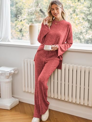 Kikibell Womens Sets 2 Piece Outfits Matching Lounge Set Cozy Knit Pajamas - color: Red, size: Large