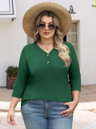 Womens Summer Plus Size 3/4 Length Sleeve Tops Button Down Shirts L-4XL - color: Green, size: XX-Large