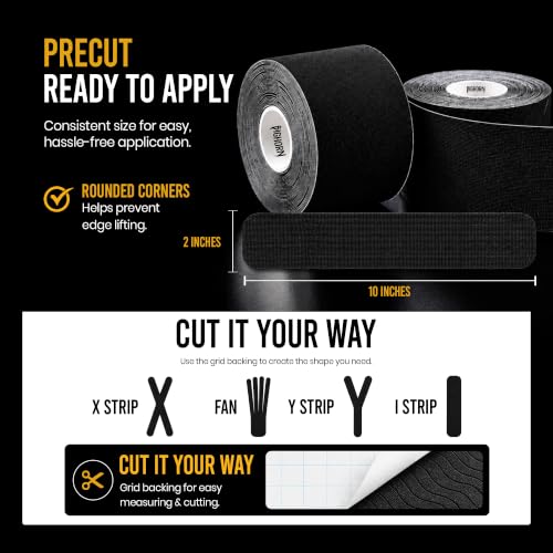Bighorn Athletics Precut Kinesiology Tape with Tin, 40 Strips 2"×10", Black - color: Black