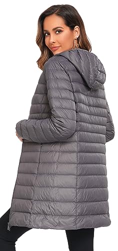 Obosoyo Women's Winter Packable Down Jacket Plus Size Ultralight Long Down Outerwear Puffer Jacket Hooded Coat - color: Darkgrey, size: Large