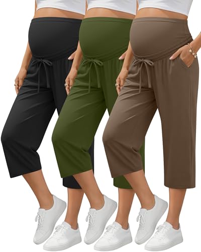 3 Pack Maternity Capri Pants - color: Black, Army Green, Coffee, size: X-Large