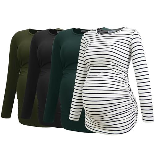 Smallshow Women's 4 Pack Maternity Shirts Long Sleeve - color: Army Green-black-deep Green-white Stripe(4 Pack), size: Medium