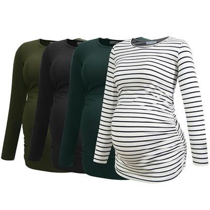 Smallshow Women's 4 Pack Maternity Shirts Long Sleeve - color: Army Green-black-deep Green-white Stripe(4 Pack), size: Medium