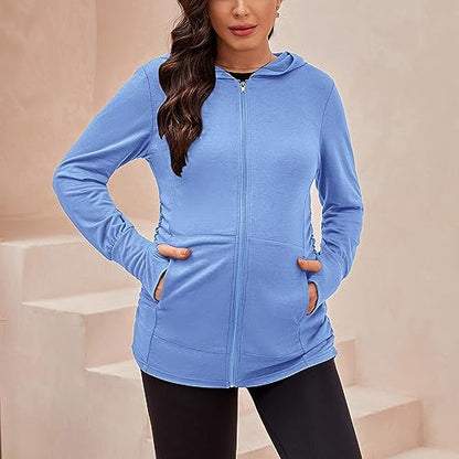 DEBELLY Maternity Sweatshirt Zip Up Hoodie Pockets Pregnancy Postpartum - color: Light Blue, size: Large